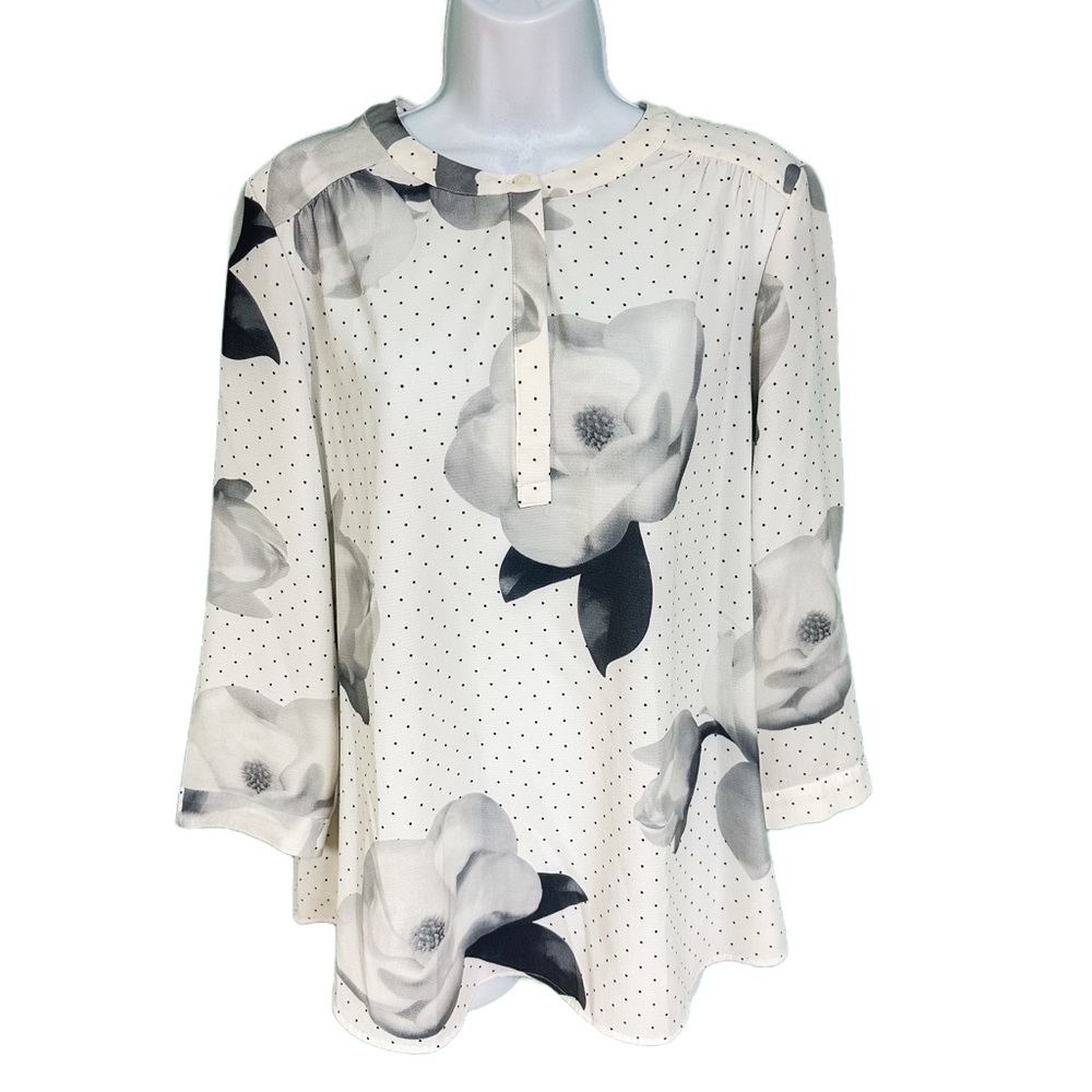 Eliane Rose Black & White Polka Dot Floral Long Sleeve Blouse Womens Size XL